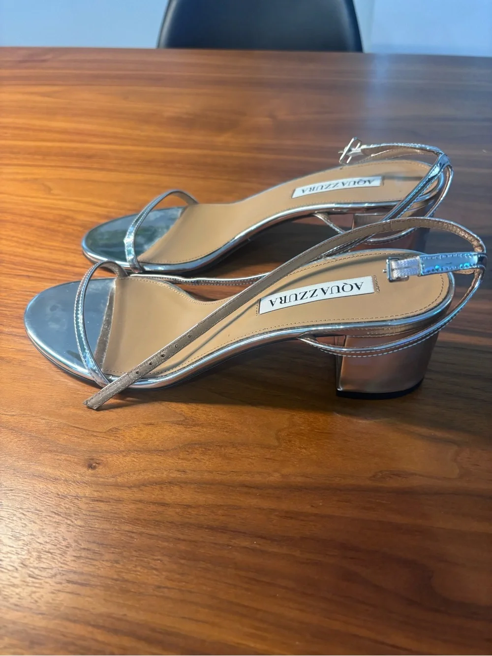 Aquazzura Deneuve Bow 50 Silver Metallic Ankle-Strap Block Heel Sandals Size 37